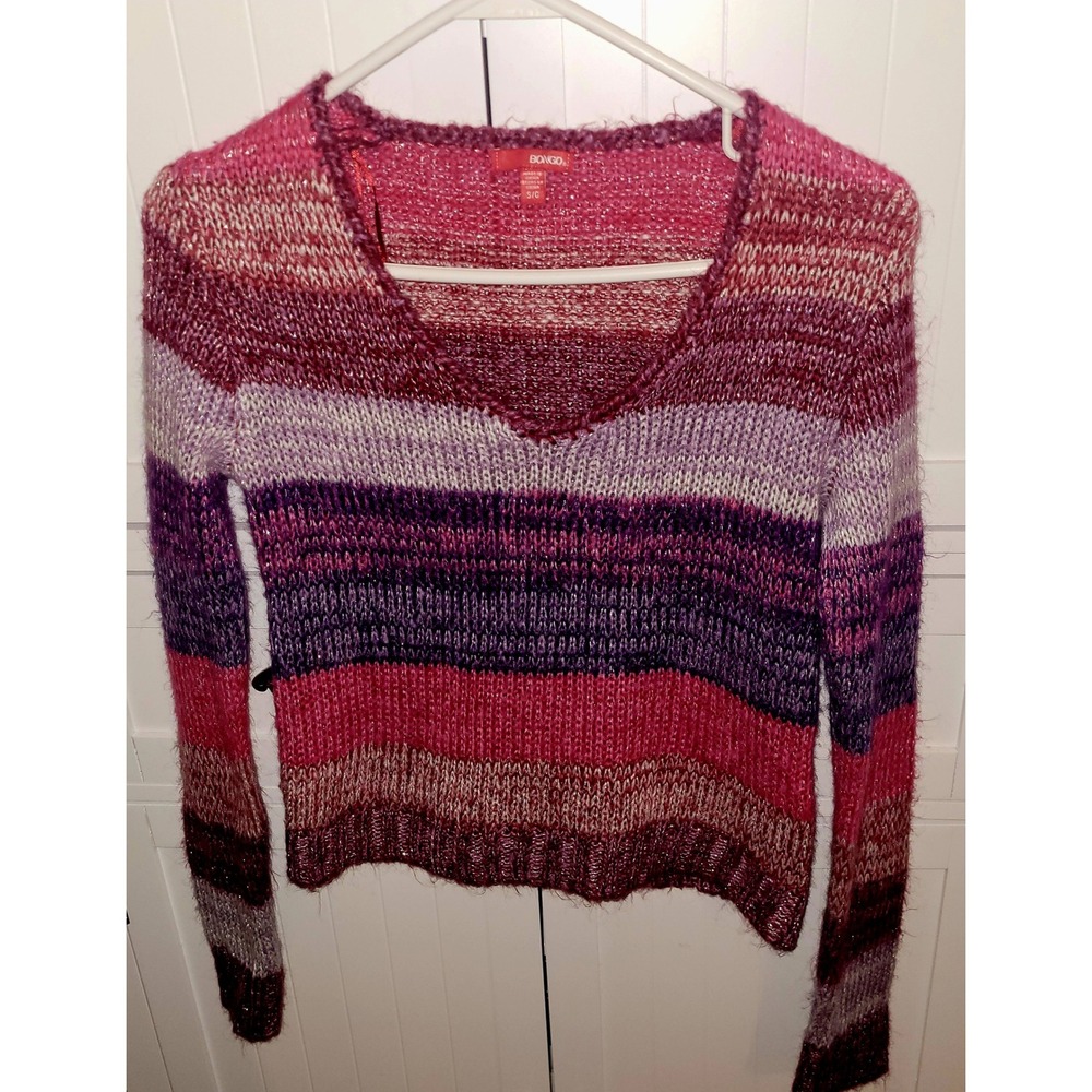 Bongo Striped V‎ Neck Sparkle Knit Sweater Size S Y2K